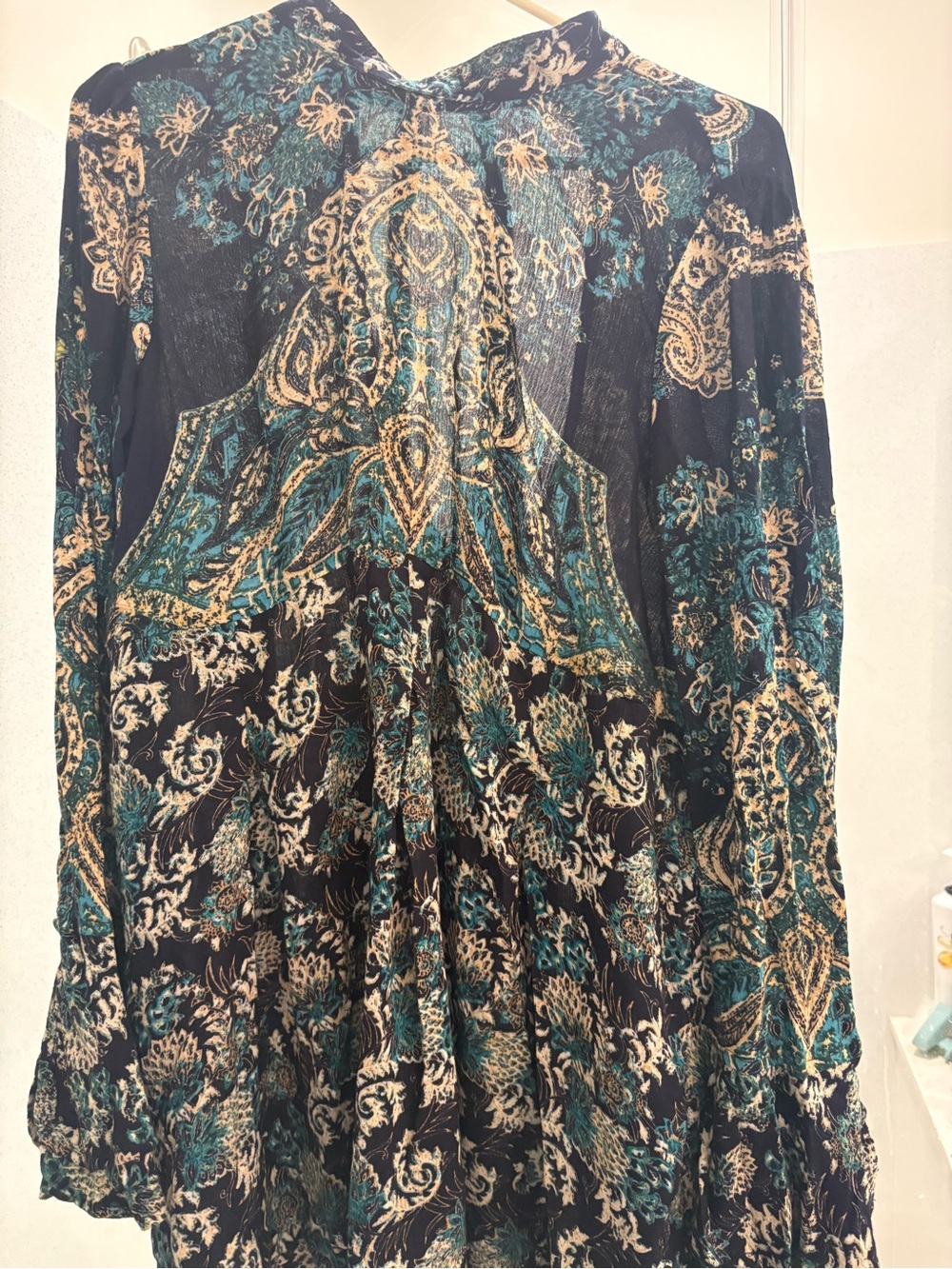 Free People Boho Paisley Printed Long Sleeve Dress - Teal & Cream on Black